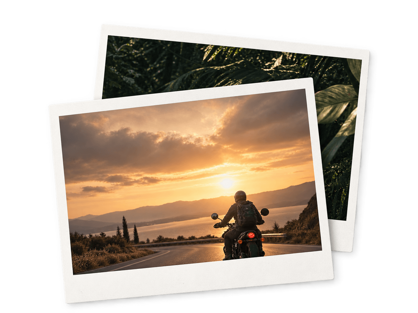 Layered Polaroid photographs: a motorcycle rider watching a sunset, over a misty jungle view